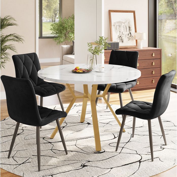 Ensemble table ronde et 4 chaises plateau effet marbre pieds métalliques dorés style moderne noir et blanc