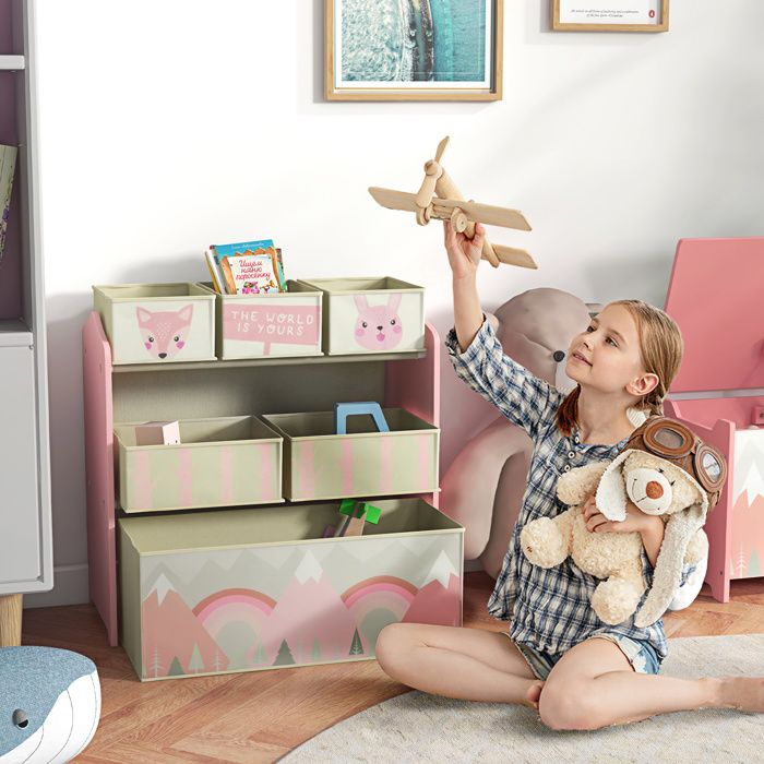 Meuble de rangement jouets enfant 63 x 30 x 66 cm rose étagère avec 6 bacs amovibles en tissu non tissé