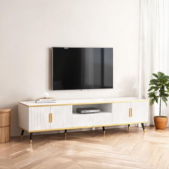 Meuble TV bas moderne 200 cm effet marbre blanc 2 portes et tiroir pour écran jusquà 90