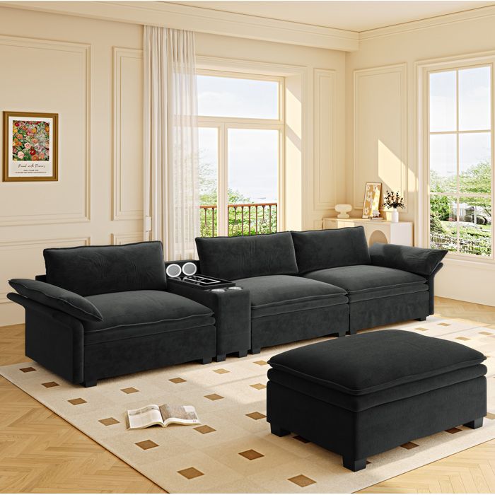 Canapé dangle modulable 4 places en chenille noir 315 cm avec rangement charge sans fil et haut-parleurs Bluetooth