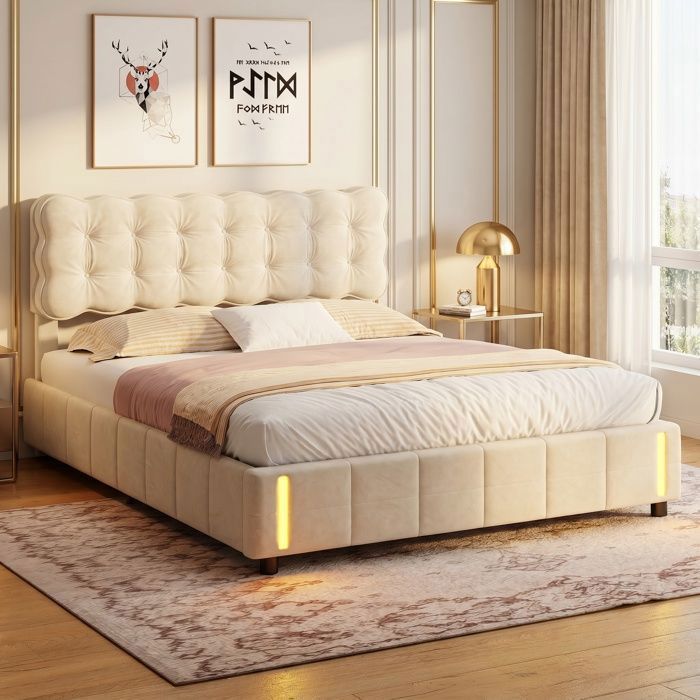 Lit coffre 160x200 cm - RWUDV - lit 160x200 - LED - lit 160x200 avec rangement - lit double - lit 160x200 avec sommier-Velours beige