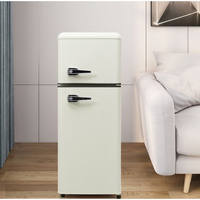 Réfrigérateur combiné rétro – Double porte – 92 L (28 L congélateur) – D – Blanc antique – 1055 cm