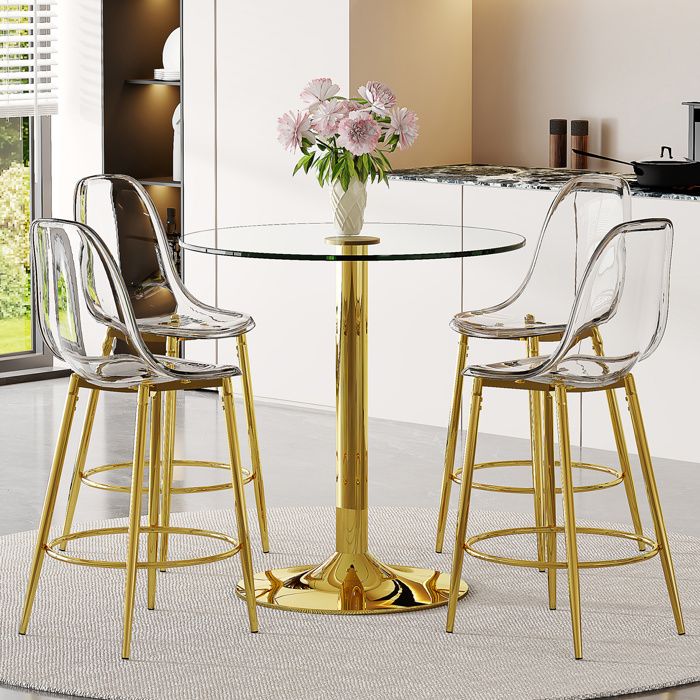 ROVRYN Table de cuisine ronde 89 cm en verre transparent avec 4 chaises transparentes doré
