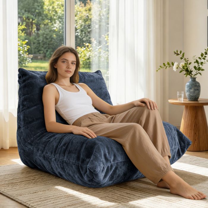 Pouf Géant Design Chenille Bleu - Fauteuil de Salon Ergonomique et Ultra Doux pour Chambre et Salon - 90x100x80 cm