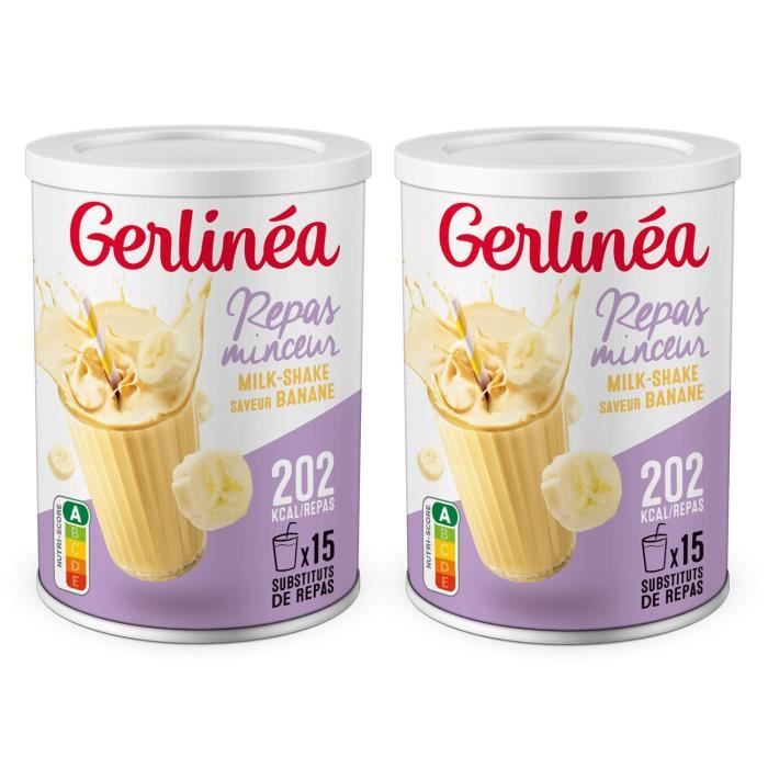Gerlinéa - Lot de 2 Boissons Milkshake goût Banane - Substituts de repas riches en protéines - Poudre à reconstituer - 30 repas
