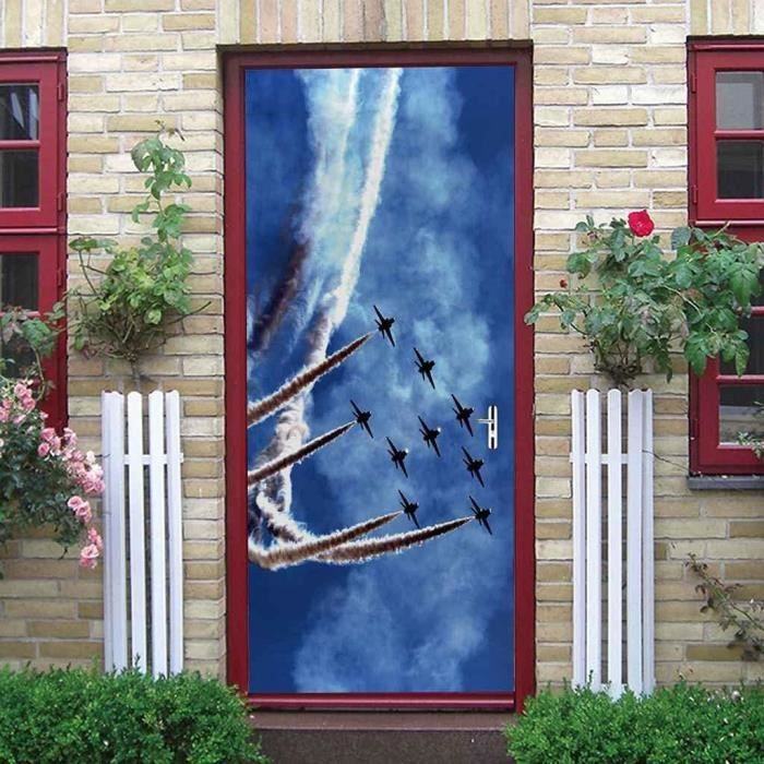 Autocollant Porte 3D Trompe-l'œil Avion De Chasse - 77x200 Cm - PVC Adhésif, Amovible