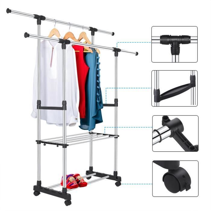Portant Vêtements SONGMICS HSR12S - Double Barres Réglables - 110kg Charge - Roulettes Frein - Chromé