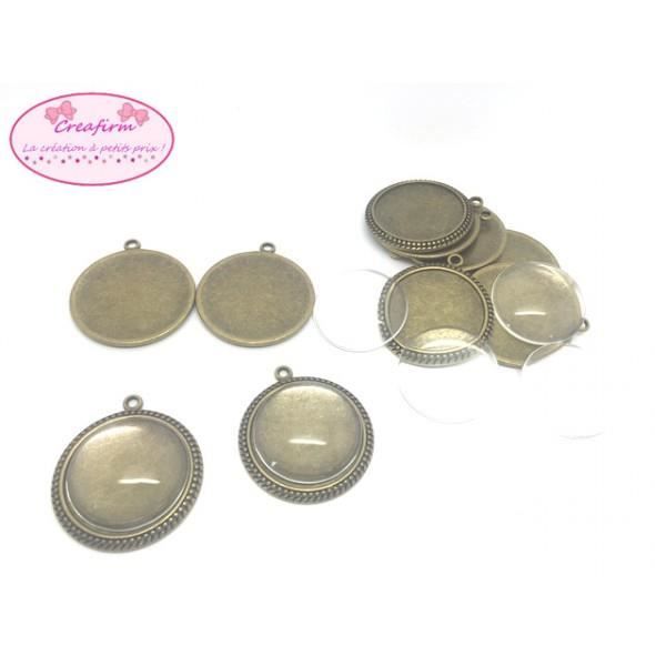 Neuf 10 Supports Camées Bronze et 10 Cabochons en verre 25mm Neuf 10 Supports Camées Bronze et 10 Cabochons en verre 25mm