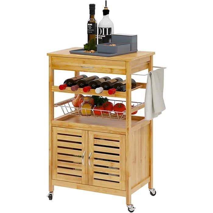 Chariot De Cuisine VA-Cerulean Avec Tiroirs - Îlot Mobile En Bois 92x46 Cm - Rangement Pratique Pour Cuisine Ou Salle à Manger