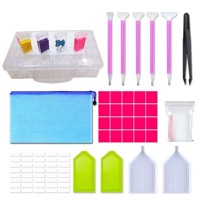 DARUITE Kit Accessoires Diamond Painting - Boîte De Rangement 28 Compartiments, Stylo, Colle, Pincettes Et Plateau Pour 5D DIY
