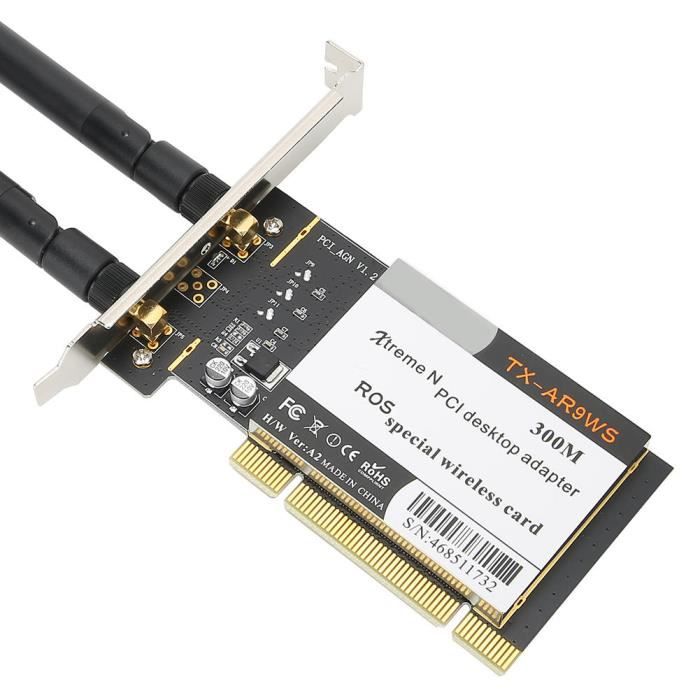 Qiilu carte PCI Wifi Adaptateur de bureau PCI Carte réseau WiFi sans fil 300Mbps 802.11b / g / n + 2 antennes AR9223