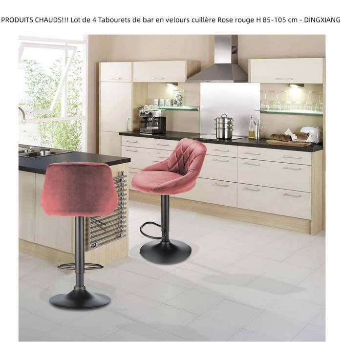 Lot de 4 Tabourets de bar en velours cuillère Rose rouge 38 x 37 x 85-105 cm - DINGXIANG