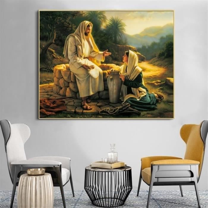 Poster Sur Toile 'Le Bon Pasteur' - Jésus Et L'agneau - Décoration Religieuse Vintage Pour La Maison