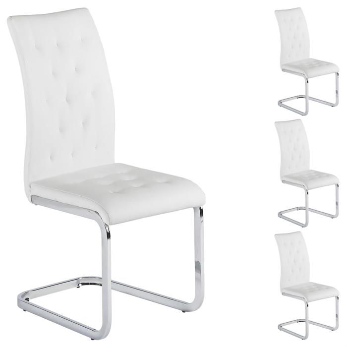 Lot de 4 chaises de salle à manger CHLOE avec assise capitonnée et piétement chromé revêtement en synthétique blanc Lot de 4 chaises de salle à manger CHLOE avec assise capitonnée et piétement chromé revêtement en synthétique blanc
