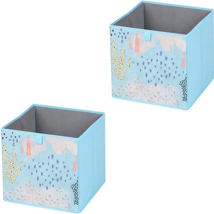 lot de 2 boites de rangement en tissu bleu flower morning, cube de rangement pour enfant ou adulte dim 32 x 32 x 32 cm, décor floral