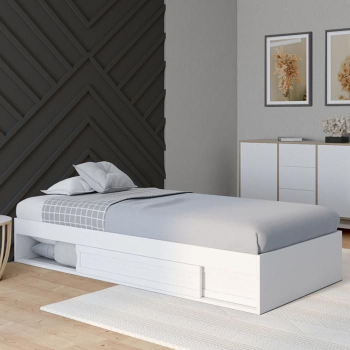 IDMARKET Cadre de lit simple SALEM avec rangement et sommier 90 x 190 CM blanc IDMARKET Cadre de lit simple SALEM avec rangement et sommier 90 x 190 CM blanc