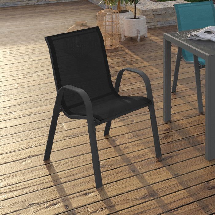 IDMARKET Lot de 6 chaises de jardin LYMA métal et textilène empilables gris noir et bleu IDMARKET Lot de 6 chaises de jardin LYMA métal et textilène empilables gris noir et bleu