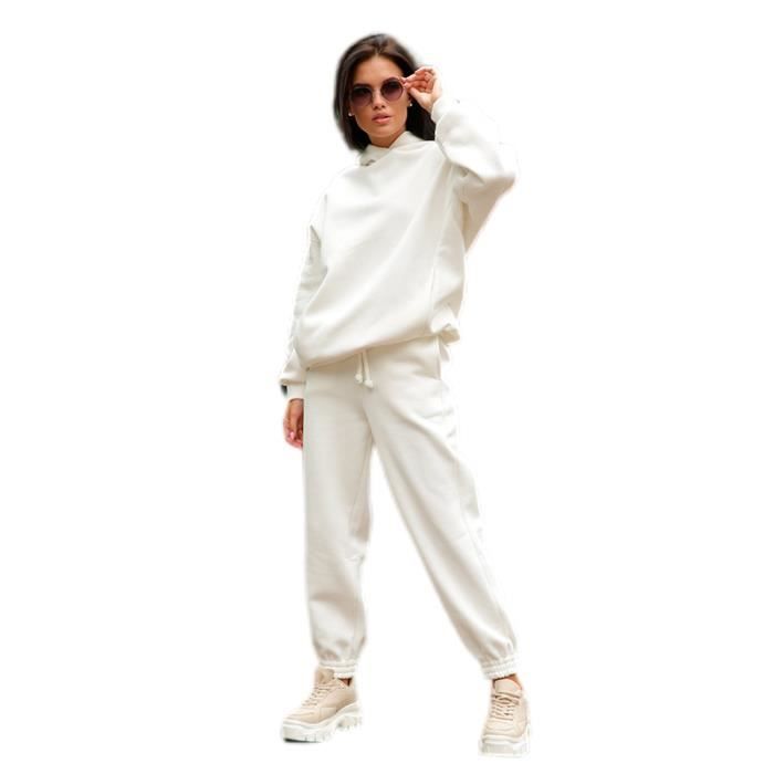 Survêtement femme (Ensemble deux pièces sweet à capuche et pantalon) -  Couleur Blanc et Brique
