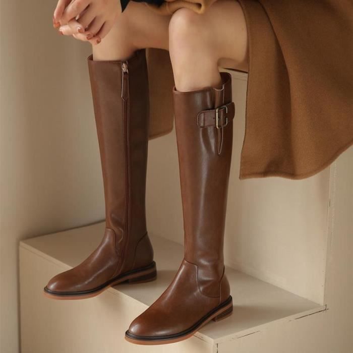 Bottes hautes VITATA Cuir Marron Femme Plat Zip