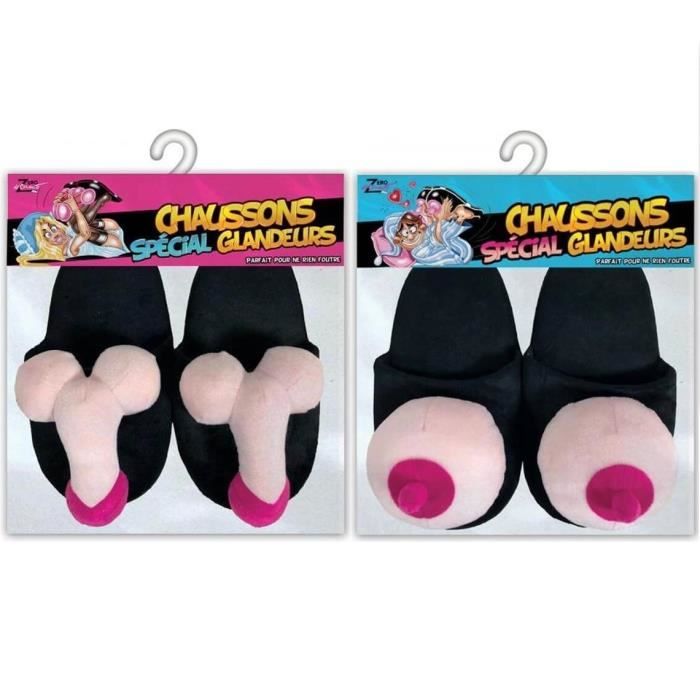 Chausson rigolo pour couple zizi et seins SURPRISEZ VOUS Noir