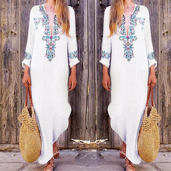 Caftan Turc De Plage - Cache-maillot Grande Taille - Fente Latérale, Broderie - Taille Unique - Polyester Léger - Noir