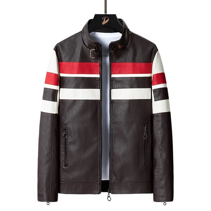 Veste Moto Homme Similicuir - Col Montant, Coupe Slim Légère - Imperméable, Coupe-vent - Pour Ville, Voyage, Décontracté