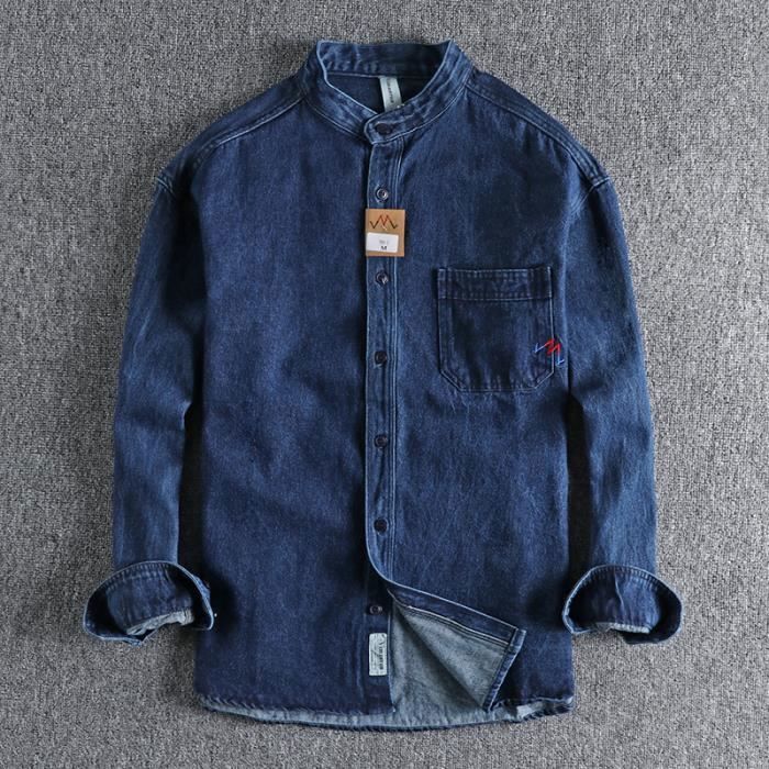 Chemise en Jean Homme 100 Coton Denim Col montant Broderie Manches