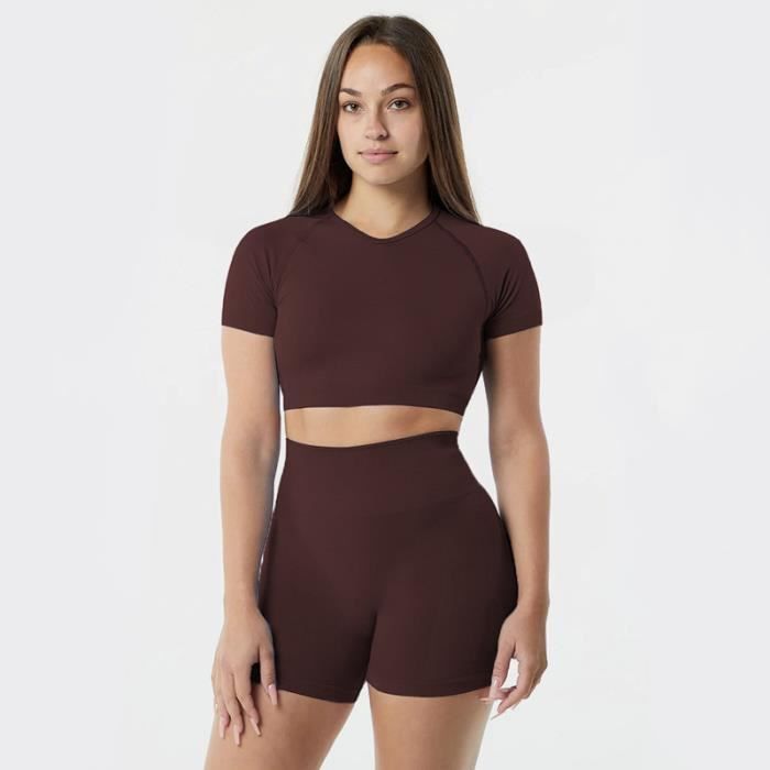 Ensemble de Vetement de Sport Femme Marque Jogging Yoga Fitness Couleur Unie Marron Marron Cdiscount Sport