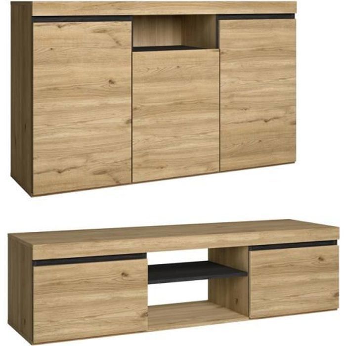 Ensemble de meubles composé par un buffet et un meuble TV 140cm pour salle à manger couleur chêne nordique noir RF911 Ensemble de meubles composé par un buffet et un meuble TV 140cm pour salle à manger couleur chêne nordique noir RF911
