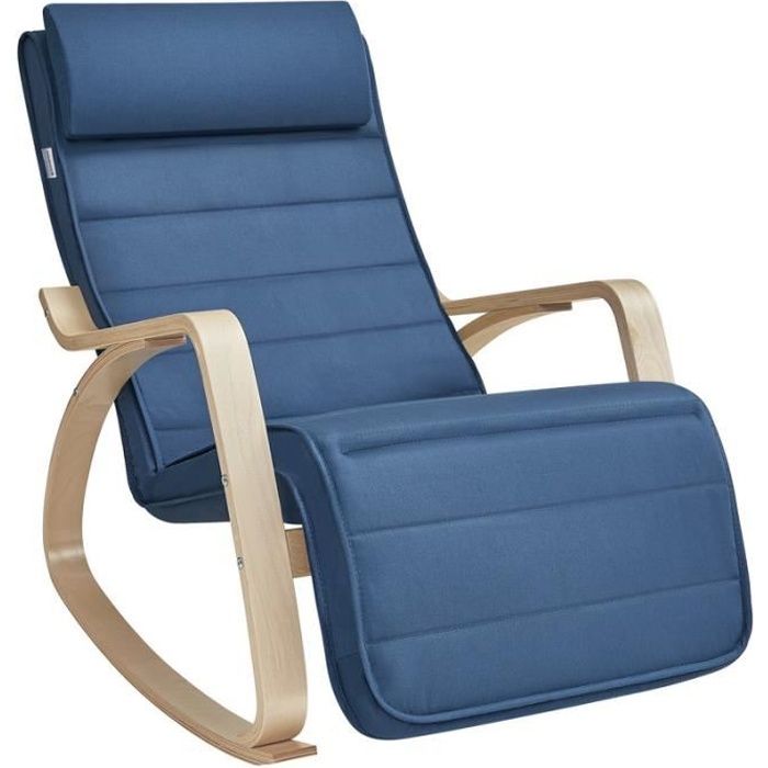 fauteuil à bascule - songmics - repose-pieds réglable - capacité 150 kg - bleu minuit et couleur boisée