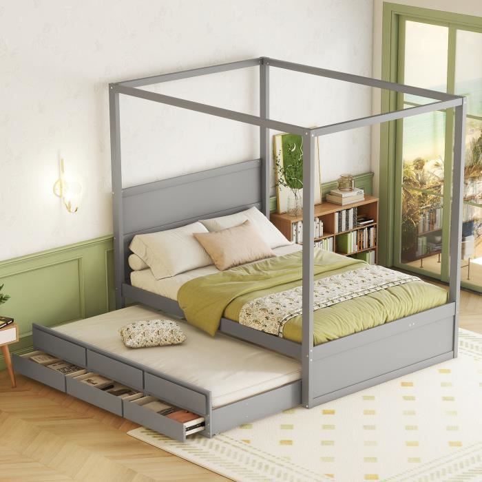 lit à baldaquin 140 x 200 avec lit simple gigogne et trois étagères, gris