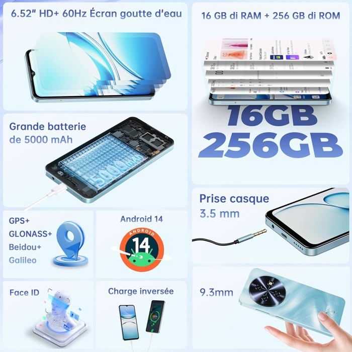 OUKITEL C51 - Téléphones Portables Débloqués Android 14, 6.8 Pouces