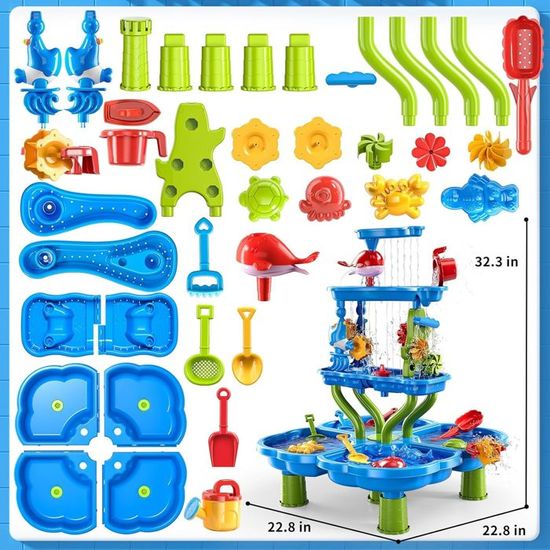 Table Jeu De Sable Et Eau 4 En 1 – Activité Extérieure – Inclut Chaise, Tamis, Moules – ABS – Cadeau été Enfant