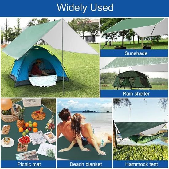 Bâche Imperméable 3x3m Gaethra - Anti-Pluie, UV - Avec Oeillets, Piquets Et Corde - Pour Camping, Randonnée
