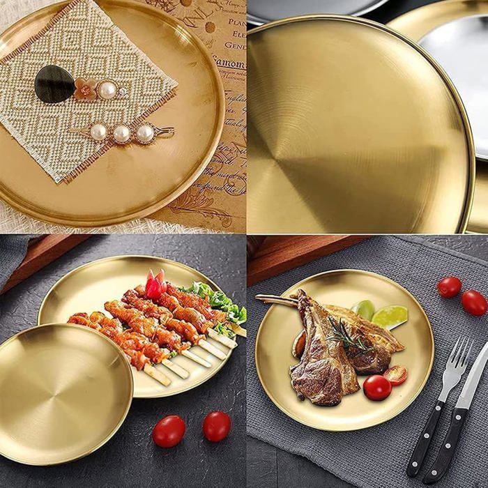 2 Plats Ronds En Acier Inoxydable - 20 Cm - Plateau De Service, Plat Barbecue, Rangement Cuisine, Décoration Table