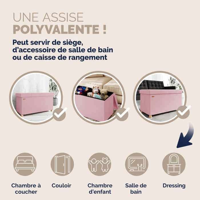 Banc De Rangement Velours Beige CASARIA - 76x38x42cm - 100L - Siège Coffre Pliable - Charge 300kg