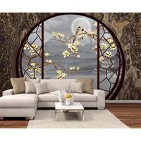 Papier Peint Panoramique 3D Porte Ronde Fenêtres Paysage Fleurs Et Oiseaux Tapisserie Murales Intissé Chambre Salon Decor,300x210cm