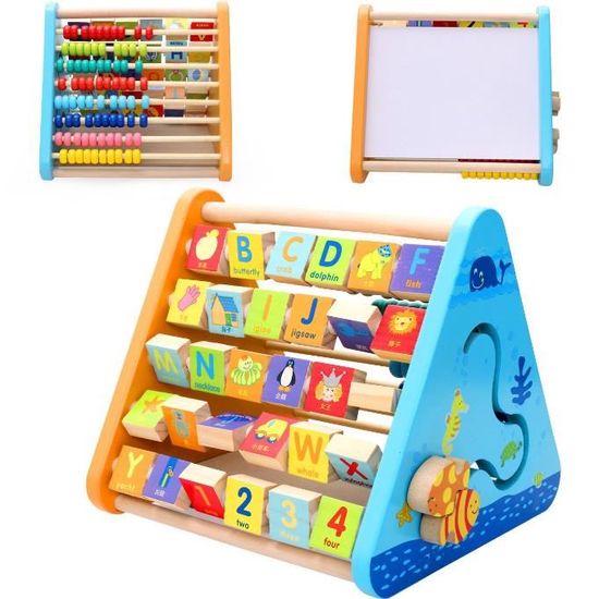 TOWO Centre D'activités Montessori 5 En 1 – Triangle En Bois Avec Boulier, Alphabet, Horloge, Labyrinthe Et Tableau Blanc – Jouet éducatif 1 An+