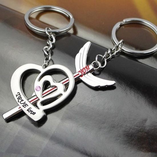 Porte-clés Couple Cœur Flèche - Chaîne Argent, Pendentif Amour, Neuf Avec étiquettes