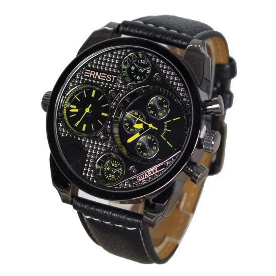 Montre Homme Oulm Design Carré Gun - Double Cadran (2 Fuseaux), Boîtier Métal Brossé, Bracelet Cuir