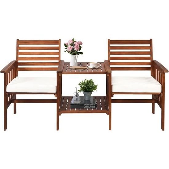 Salon De Jardin 2 Places GOPLUS - Table Bistrot Et 2 Chaises Pliantes En Bois Acacia - Avec Coussins - Rouge