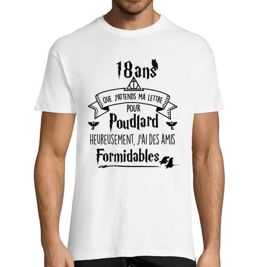 T-Shirt Homme Anniversaire 18 Ans Que j'attends ma Lettre pour Poudlard  heureusement Que J'Ai des Amis Formidables