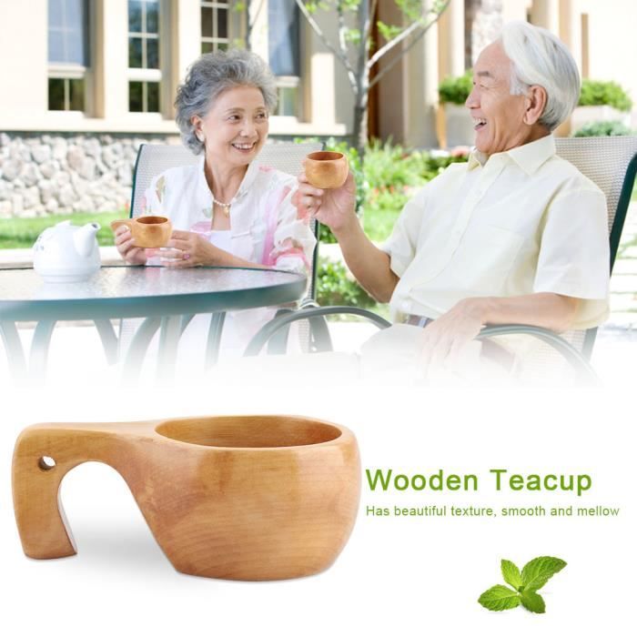 Tasse à café boire en bois naturel extérieur portable avec poignée en bois (# 3)-MEY