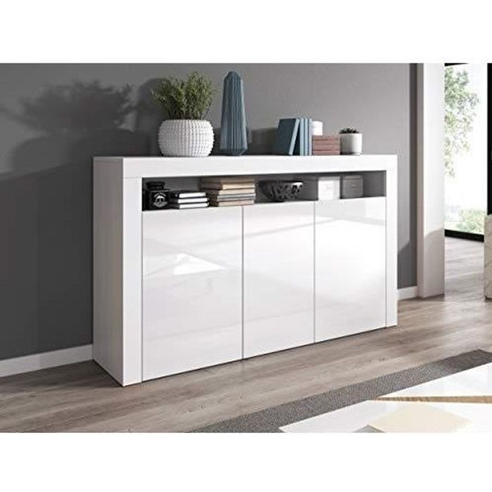 Buffet bas contemporain blanc laqué brillant 130 cm x 40 cm x 88 cm