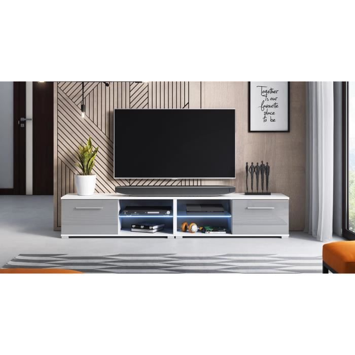 Décoro Meuble TV design MAGNUM (200 cm) couleur blanc et gris brillant avec l'éclairage à la LED.