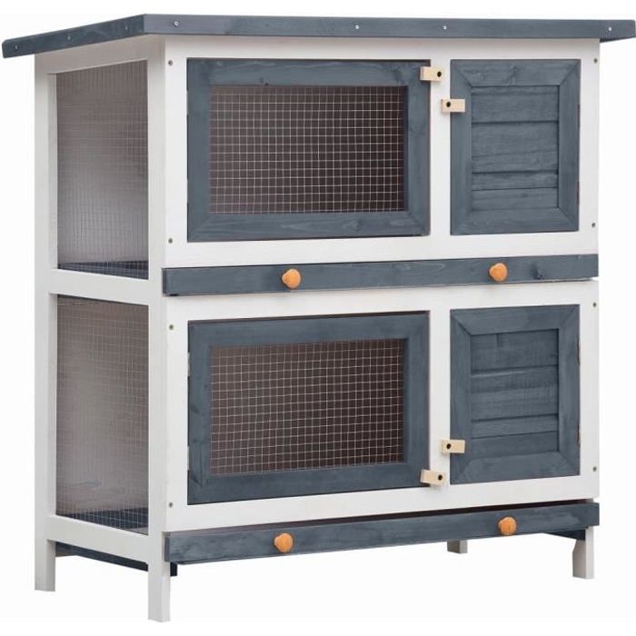 BINGO- Clapier lapin extérieur Cage Clapier lapin Enclos avec 4 portes Gris Bois3574