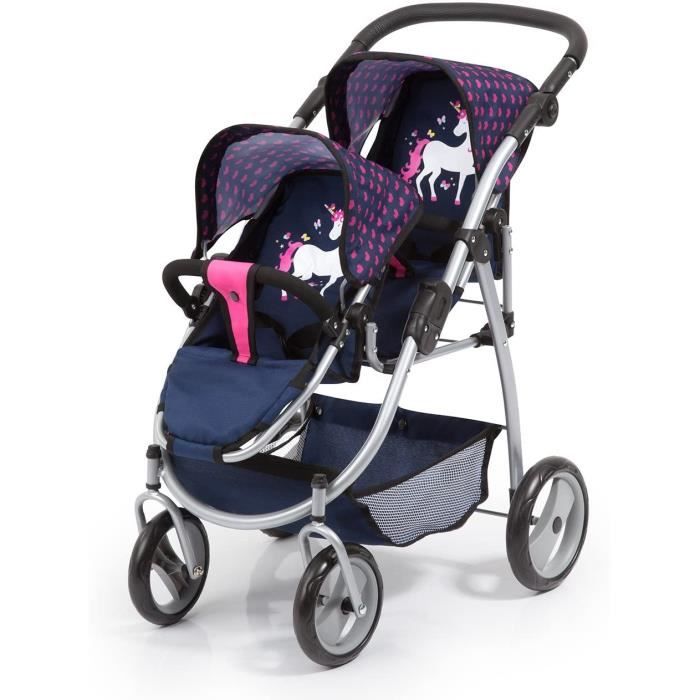 26554aa poussette double, moderne, poignée réglable, pliable, bleu rose licorne