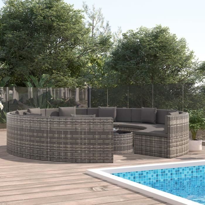102460 Salon de jardin 9 places et Table basse - 10 pcs avec coussins Résine tressée Gris Meuble d'excellent
