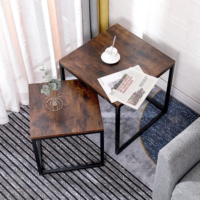 Lot de 2 Tables Basses Gigognes Design Industriel Bois et Métal pour Bureau Salon