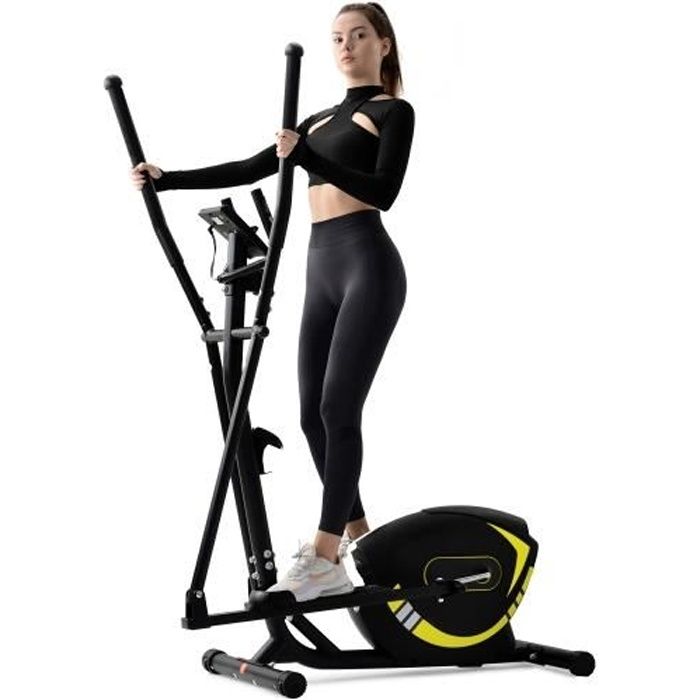 Vélo elliptique magnétique crosstrainer avec écran LCD, pouls à la main,Masse d'inertie 5 kg, 8 niveaux de résistance - jaune